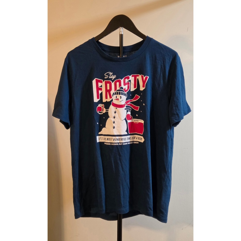 Old Navy Stay Frosty Graphic T-Shirt Mens Size Large Beer Snowman Christmas Blue